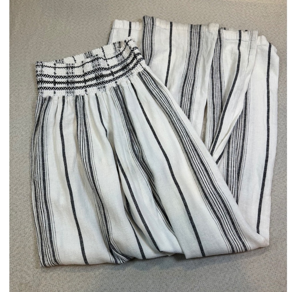 Happily Grey Wide Leg Pants Womens Small White Linen Blend Striped Smocked Boho
